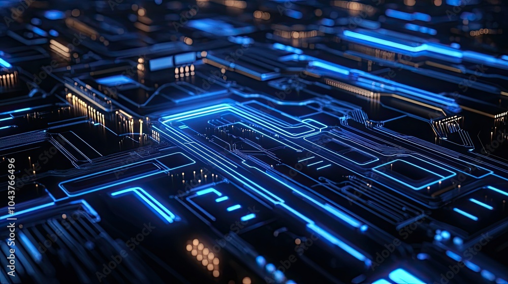 Poster futuristic ai circuit board background with intricate blue lines and electronic elements on a tech b