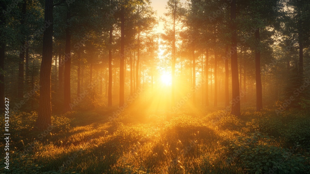 Poster a forest with a sun shining through the trees