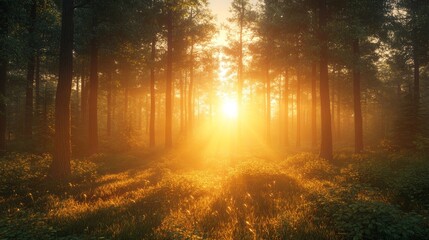 Obraz premium A forest with a sun shining through the trees