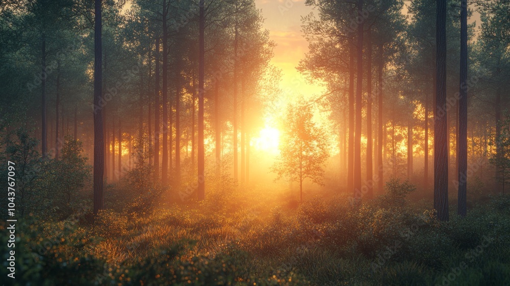 Poster A forest with a tree in the middle and the sun shining through the trees