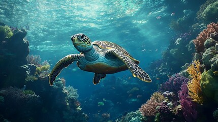 Graceful sea turtle swimming amidst vibrant coral reef ecosystem