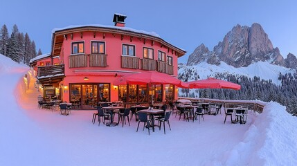 Naklejka premium A cozy alpine restaurant with a terrace lit up at dusk, snow-covered landscape and mountains in the background.