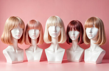 Open wavy hair wigs of different colors on white plastic mannequin head, pink background