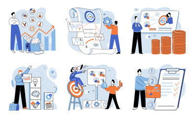 Business people have project strategy planning meeting. Colleagues work with computer and data. Teamwork with statistics analysis, discussion data report. Successful project planning and analysing