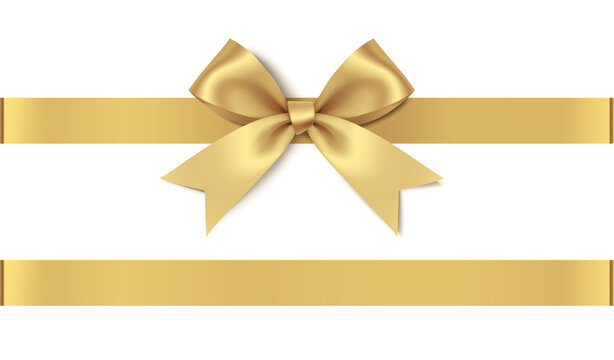 Decorative golden bow with horizontal ribbon isolated on white background. Vector illustration	