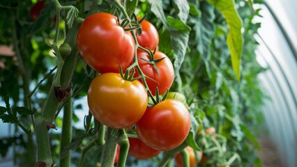 Ripe tomatoes on a vine ready for harvest in a greenhouse