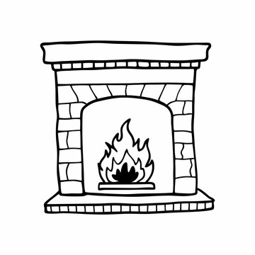 black and white fireplace with flames clip art preview