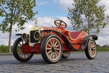Detailed 3D model of a vintage wooden car toy.