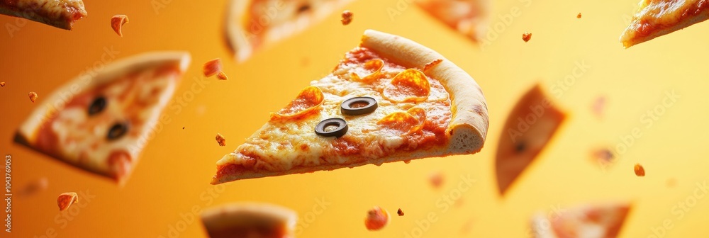 Poster a dynamic display of pizza slices floating against a bright background creates an energetic vibe, pe