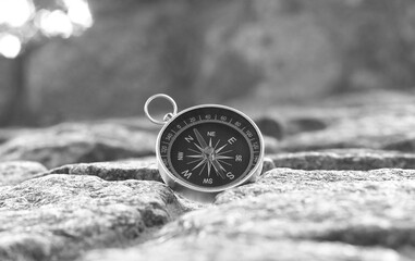 Classic navigation compass on natural background