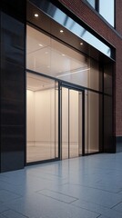 A large glass door with a black frame and a brick wall behind it