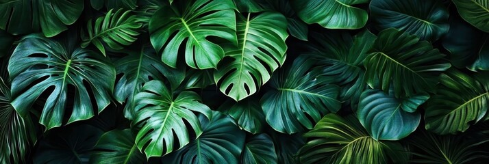 Fototapeta premium Lush tropical foliage, Monstera deliciosa leaves, Dark green jungle background, Vibrant philodendron plants, Exotic rainforest flora, Dense leafy texture, Botanical garden closeup, Verdant plant life,