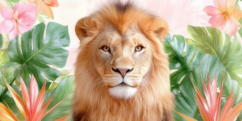 Majestic lion in tropical paradise with vibrant flowers and leaves