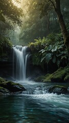 Obraz premium Serene waterfall cascading through a lush, misty forest, flowing gently, conveying peace and tranquility. Mossy rocks and lush green foliage in the foreground and background.