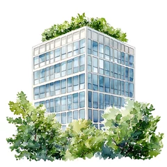 Watercolor illustration of a modern glass office building with a green roof and trees.