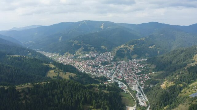 Drone footage of a city of Chepelare in the mountains of Bulgaria