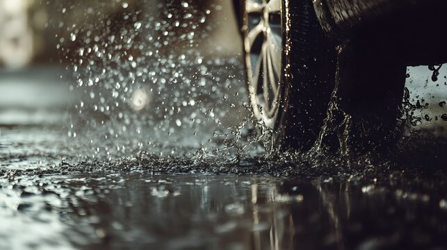 Car tire splashing in water on a rainy day.