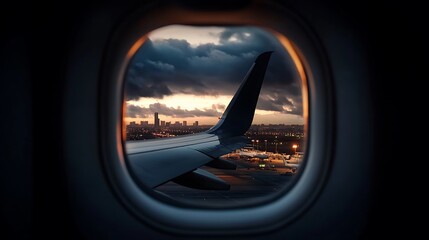 Fototapeta premium Airplane wing and cityscape view through window at sunset.