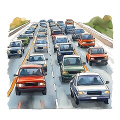 Watercolor Illustration of a Traffic Jam on a Highway.
