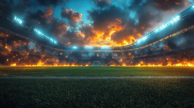 brightly lit stadium packed with enthusiastic fans vibrant green grass under floodlights creating an electric atmosphere during a thrilling night event
