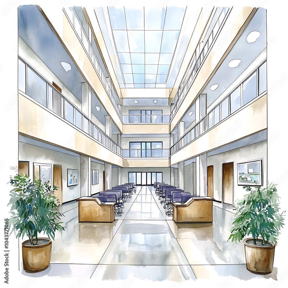 Sticker Watercolor Illustration of a Modern Office Building Atrium.