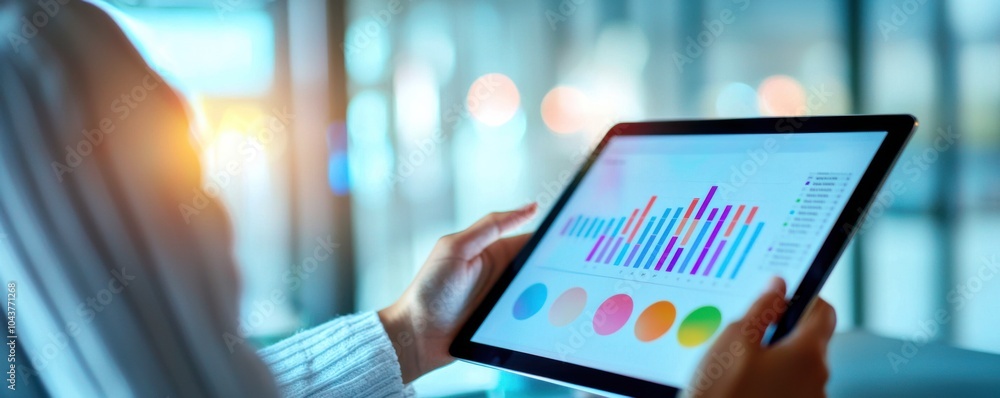 Poster person analyzing data on digital tablet in modern workspace.