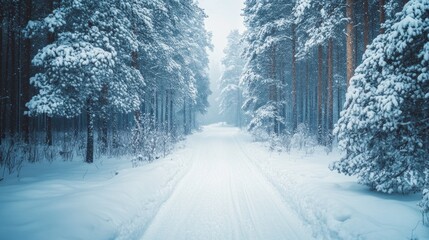 Obraz premium A snowy forest road with trees covered in snow