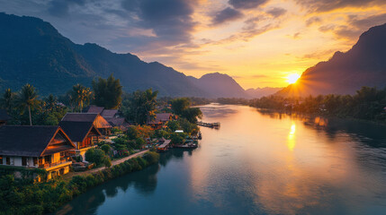 Fototapeta premium stunning landscape view of Laos at sunset, showcasing tranquil river, lush mountains, and charming houses along waters edge. warm colors of sunset create serene atmosphere