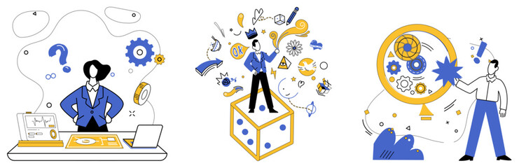 Product development vector illustration. Creative solutions are keys open doors to treasure trove successful product development Strategy is chessboard where each move shapes destiny kingdom product