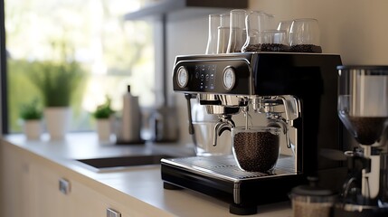 Modern Black Coffee Machine in a Stylish Kitchen with Cup - Sleek Home Appliance Closeup