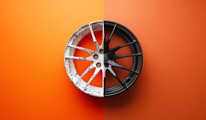Half of the rim is a worn out rim. The other side is a new rim. This is a flat lay concept original versus fake rim isolated on orange background.