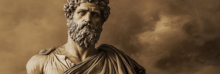 Ancient Roman bust, weathered marble sculpture, bearded man, stoic expression, classical antiquity, sepia toned background, dramatic lighting, historical artifact, museum quality, detailed facial feat