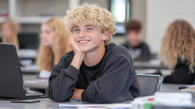 Smiling teen boy enjoying a classroom learning environment
