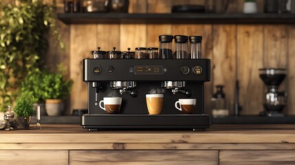 Modern Black Coffee Machine in a Stylish Kitchen with Cup - Sleek Home Appliance Closeup