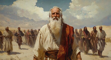 Wisdom of the Ages: Old Man with Majestic Beard Leading His Flock in the Desert