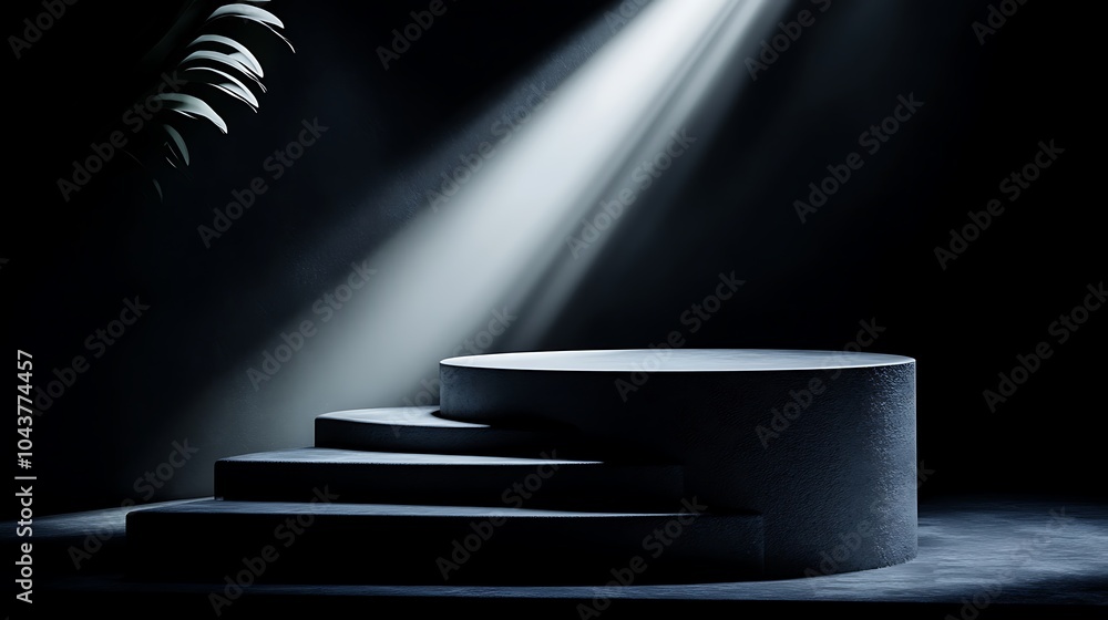 Poster dark background with a three-step podium and a leaf in the corner illuminated by a spotlight.