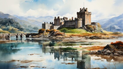 A romantic watercolor landscape of a castle