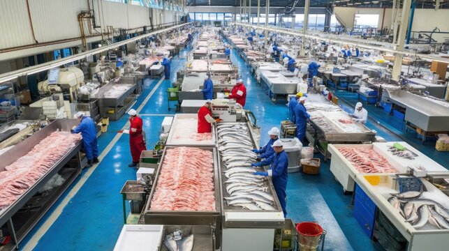 A large fish processing facility with workers preparing seafood.