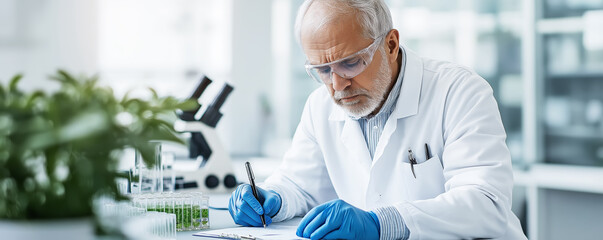 Senior life science professional in lab coat and safety goggles conducting research in a laboratory