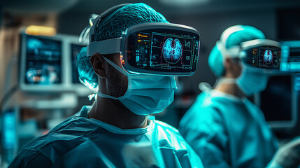 Doctors wearing Augmented Reality (AR) Glasses projecting real-time holographic overlays while performing surgery guides in a high tech operating room.