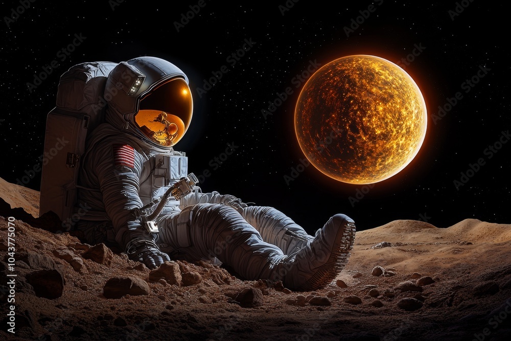 Poster Advanced empirical research in space, with astronauts observing distant planets and galaxies using futuristic technology