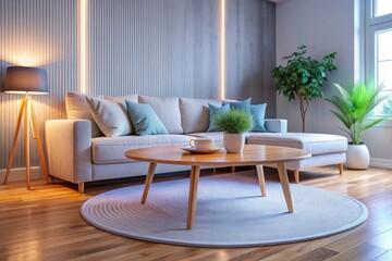 Modern Living Room And Open Plan Kitchen At Night With Neon Lights