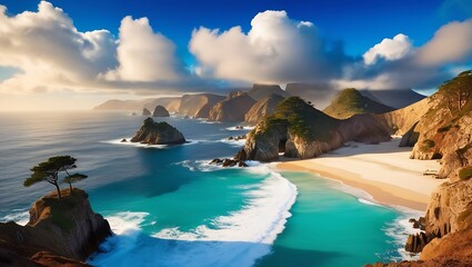 Obraz premium Picturesque sea coast wallpaper featuring rugged cliffs and crashing waves