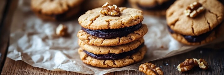 Chocolate chip cookies, stacked cookies, walnut pieces, coarse salt flakes, rustic wooden surface, warm golden tones, soft focus background, close-up food photography, artisanal baking, homemade desse