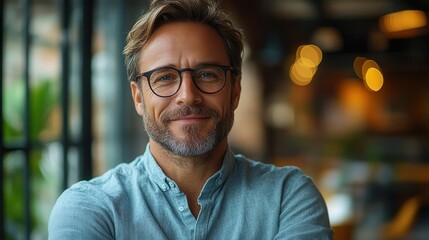 casual businessman stands confidently in a modern glass office smiling at the camera embodying the theme of success and professionalism in a bright space