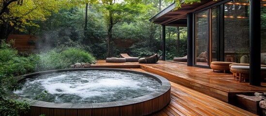 Fototapeta premium A hot tub with steam rising from the water is set in a lush garden with a wooden deck and a modern building in the background.