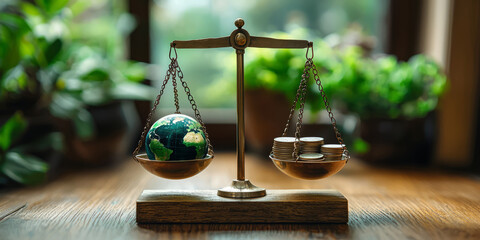 A set of scales balancing the Earth on one side and coins or financial reports on the other, showing the balance between sustainability and profitability under ESG principles.