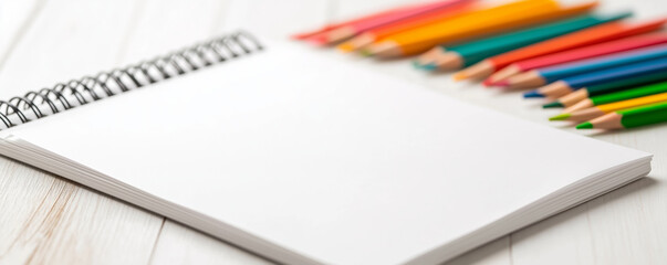 Fototapeta premium Fresh sketchbook and a set of colored pencils are ready for drawing and sketching