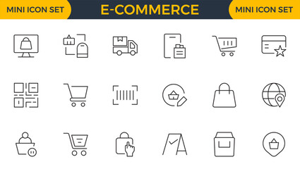 E-Commerce set of web icons in line style. Online shopping icons for web and mobile app. Business, mobile shop, digital marketing, bank card, gifts, sale, delivery. Vector illustration