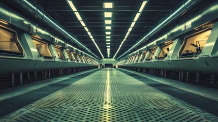 A modern, industrial space with illuminated pathways and workstations.